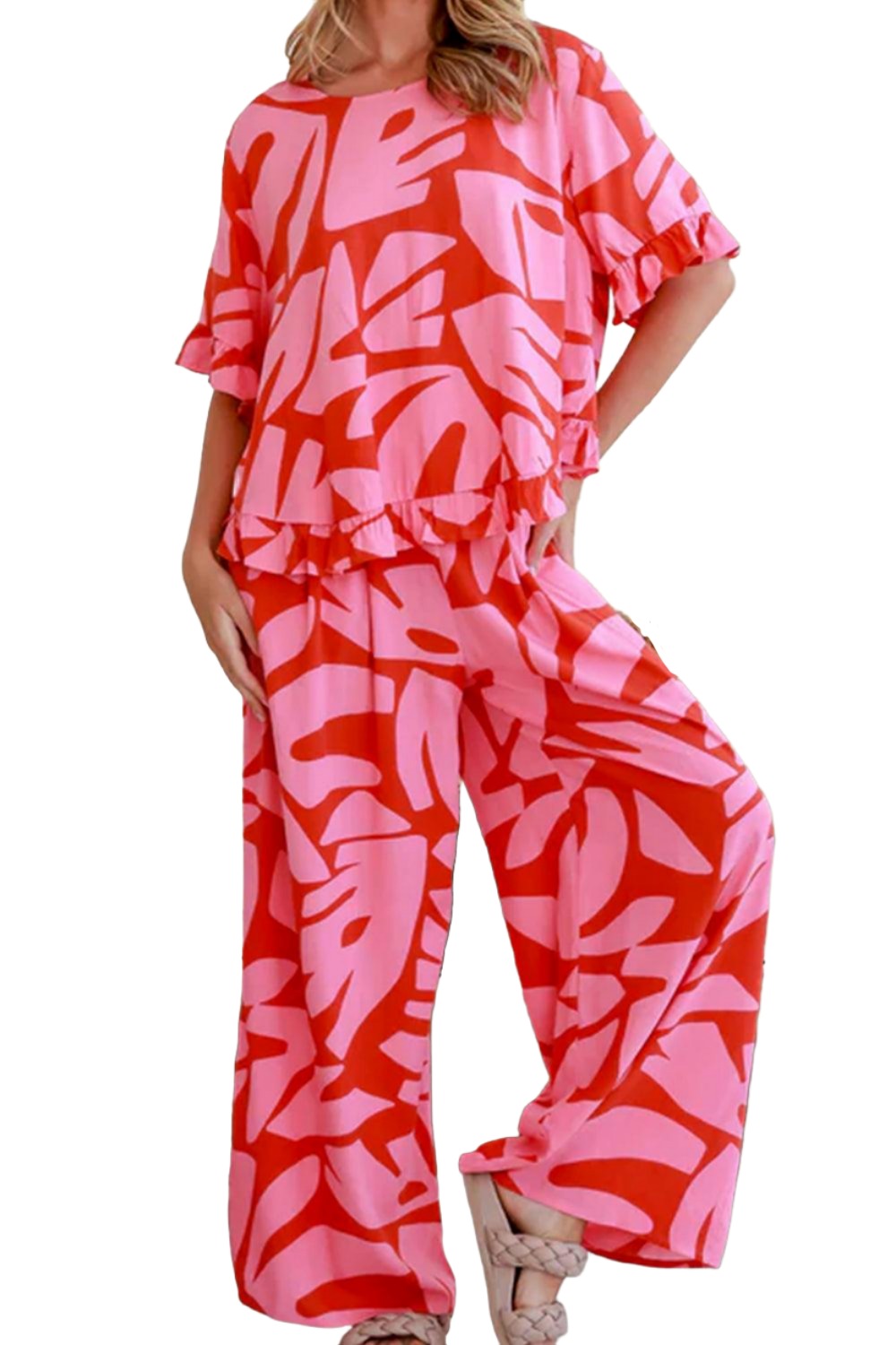Women's Outfits & Sets Printed Round Neck Top and Pants Set