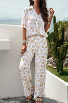 VacationGrabs women's printed short sleeve pants set with beige abstract patterns on white fabric