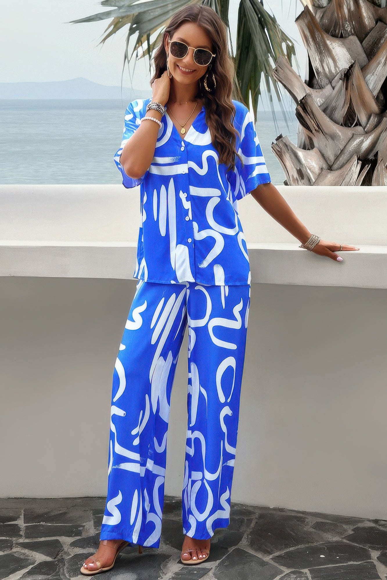 VacationGrabs women's printed short sleeve pants set in blue and white abstract design perfect for casual wear