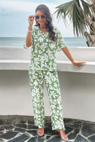 VacationGrabs women's printed short sleeve pants set in green and white with tropical leaf design