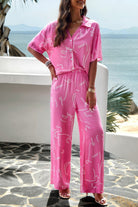 VacationGrabs pink printed short sleeve pants set with relaxed fit and abstract white line designs