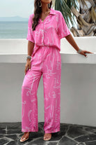 VacationGrabs pink printed short sleeve pants set with abstract white line design for women