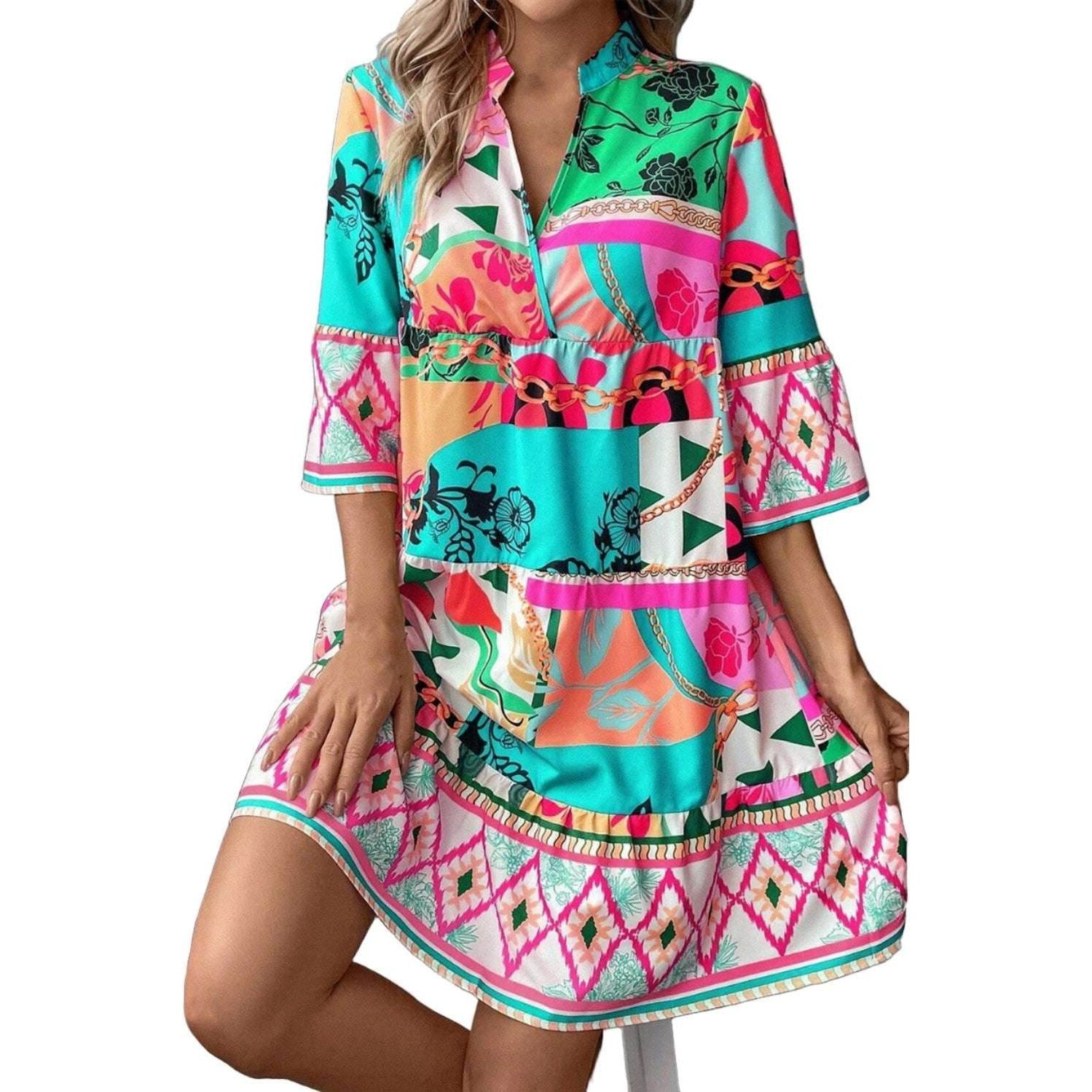 Printed Surplice Half Sleeve Mini Dress - VacationGrabs