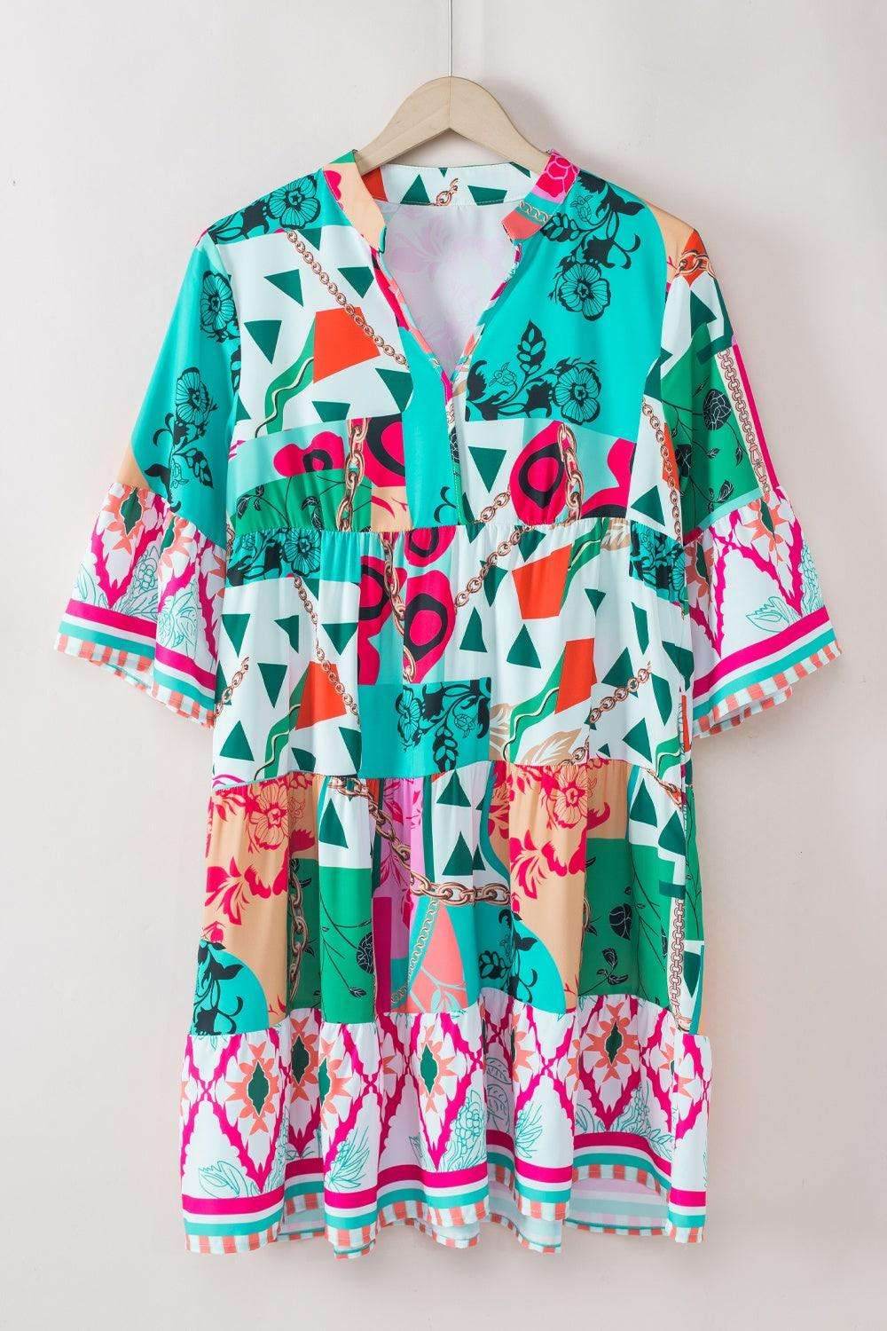 Printed Surplice Half Sleeve Mini Dress - VacationGrabs