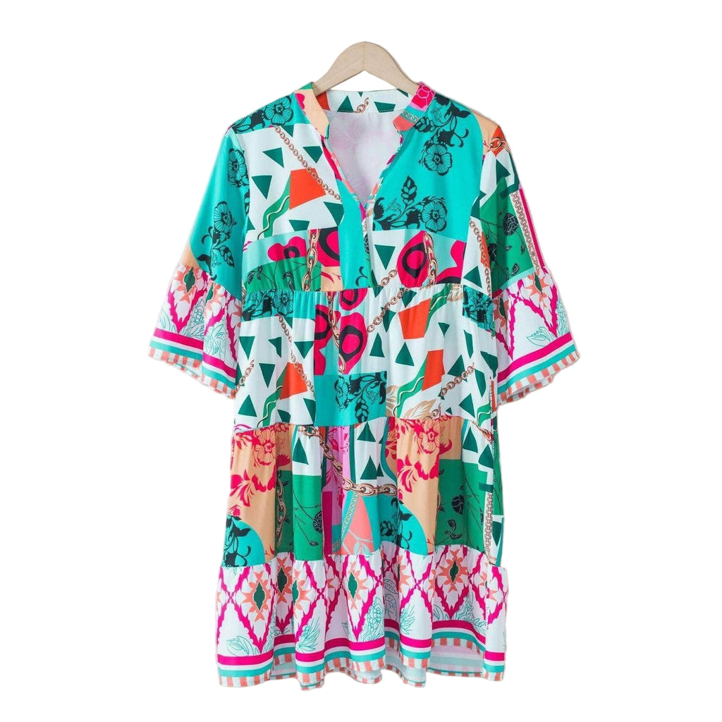 Printed Surplice Half Sleeve Mini Dress - VacationGrabs