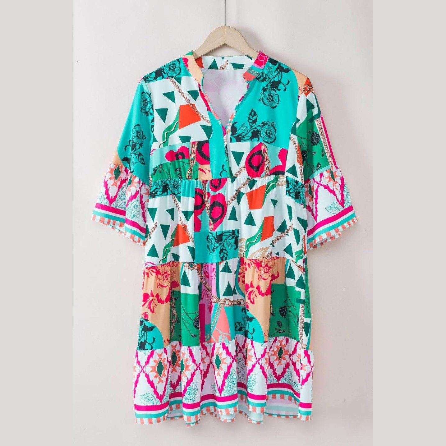 Printed Surplice Half Sleeve Mini Dress - VacationGrabs