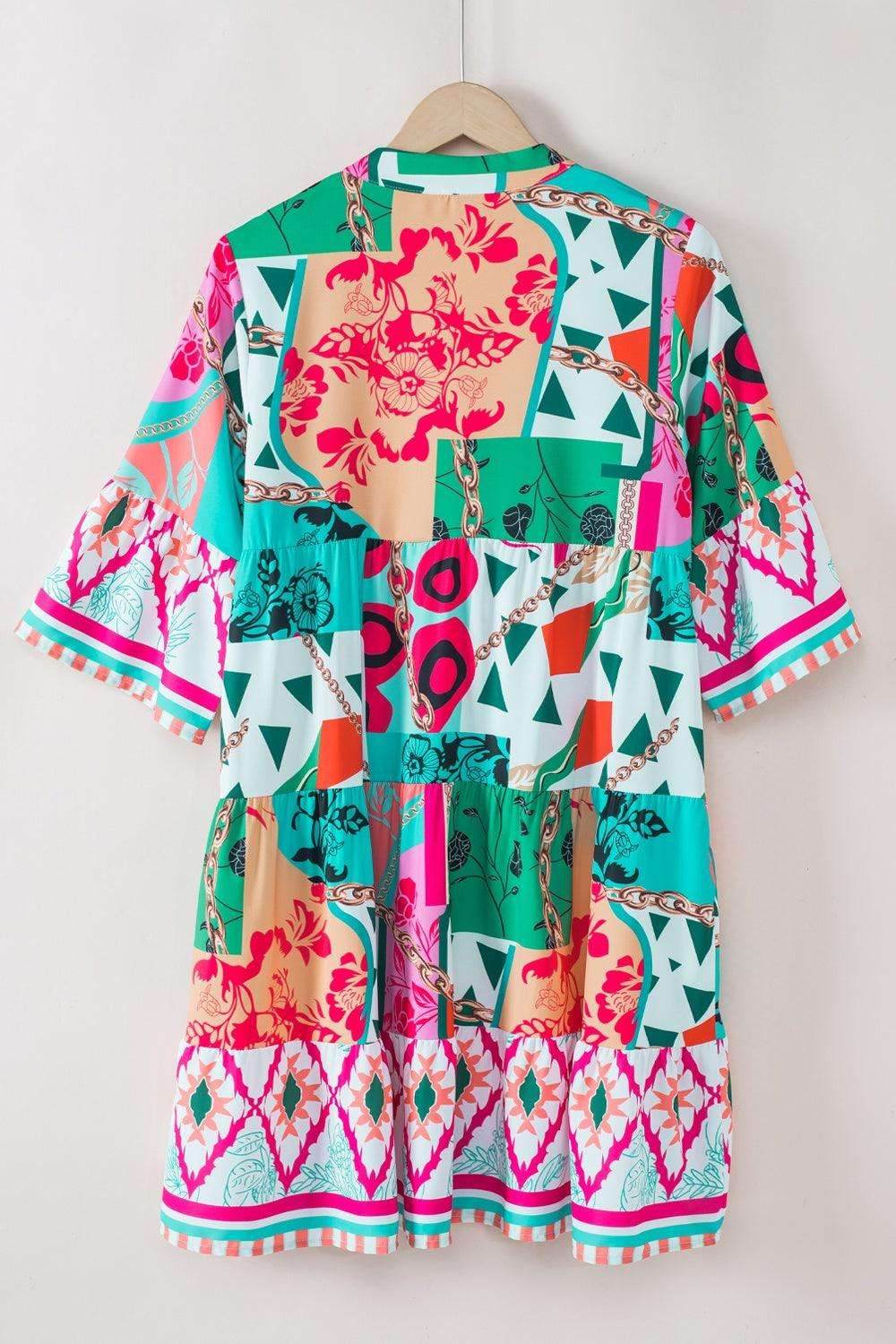 Printed Surplice Half Sleeve Mini Dress - VacationGrabs