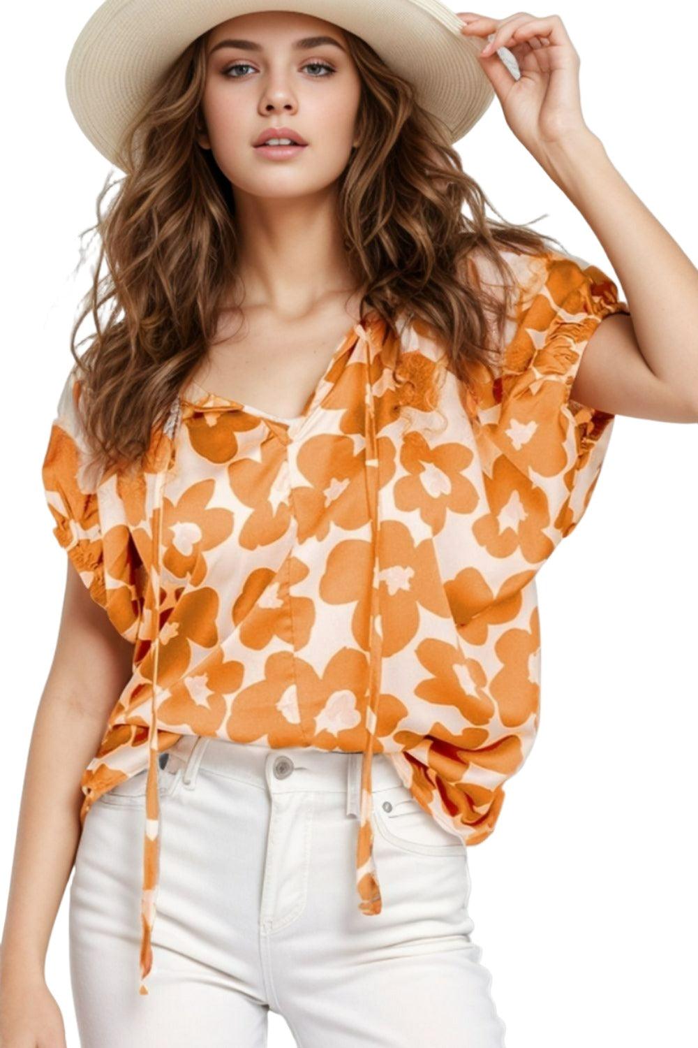 Women's Shirts Printed Tie Neck Short Sleeve Blouse