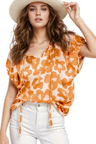 Women's Shirts Printed Tie Neck Short Sleeve Blouse