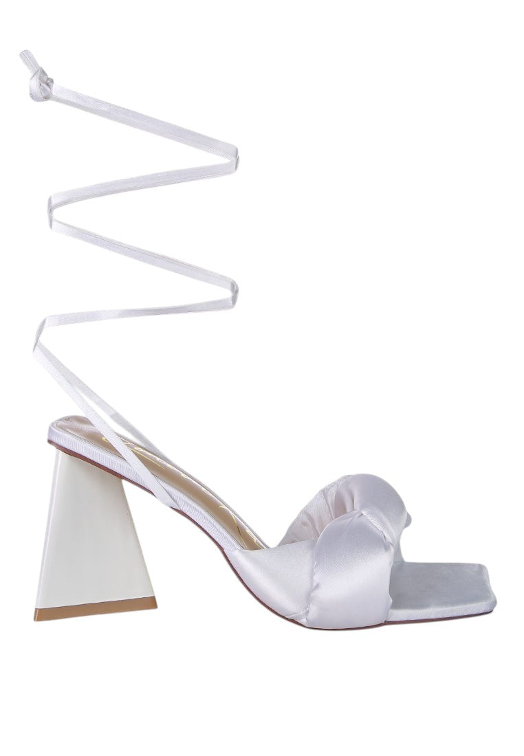 Pristine Satin Strap Triangular Block Heel Sandals