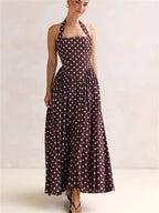 Women's brown polka dot halter neck and maxi dress, perfect for summer events