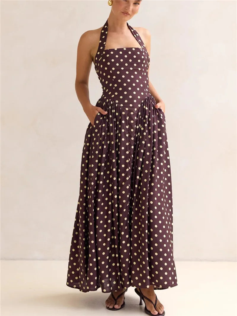 Women's brown polka dot maxi dress, perfect for summer outings