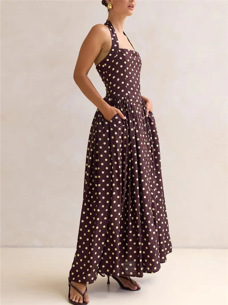 Women's brown polka dot maxi dress, perfect for summer outings