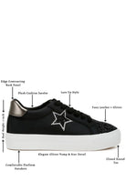 Women's black sneakers with star detail, faux leather, stylish platform design