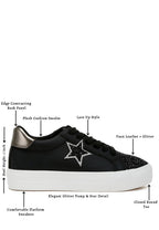 Women's black sneakers with star detail, faux leather, stylish platform design