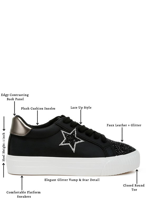 Women's black sneakers with star detail, faux leather, stylish platform design