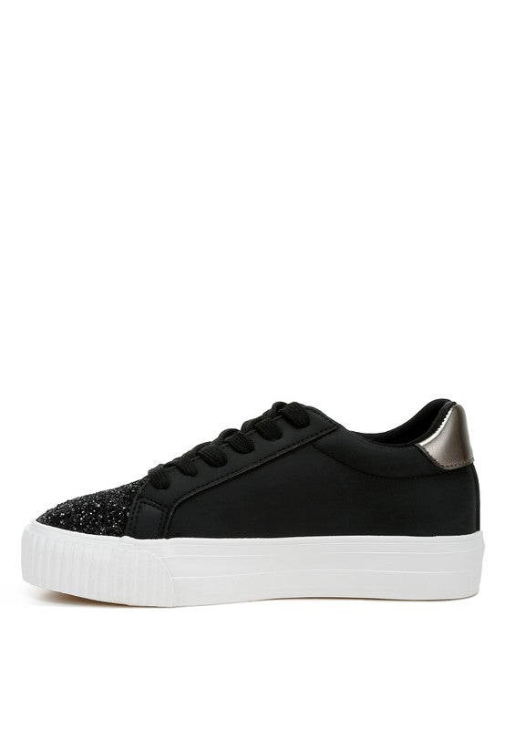 Women's black sneakers with glitter accents, stylish for casual wear