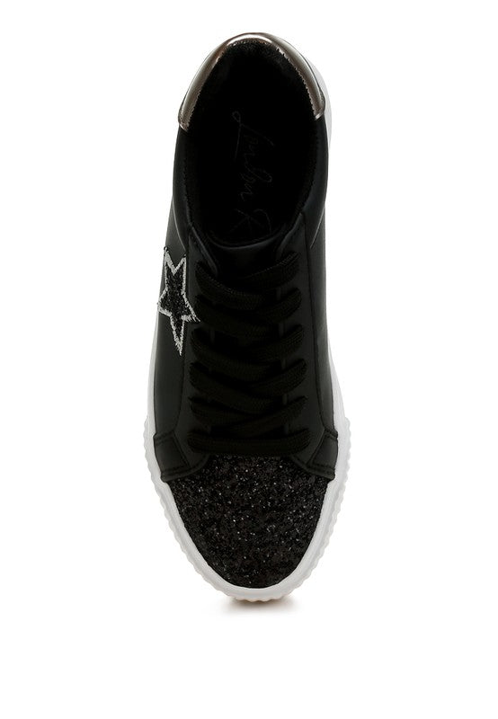Women's black sneakers with glittery star design for casual wear