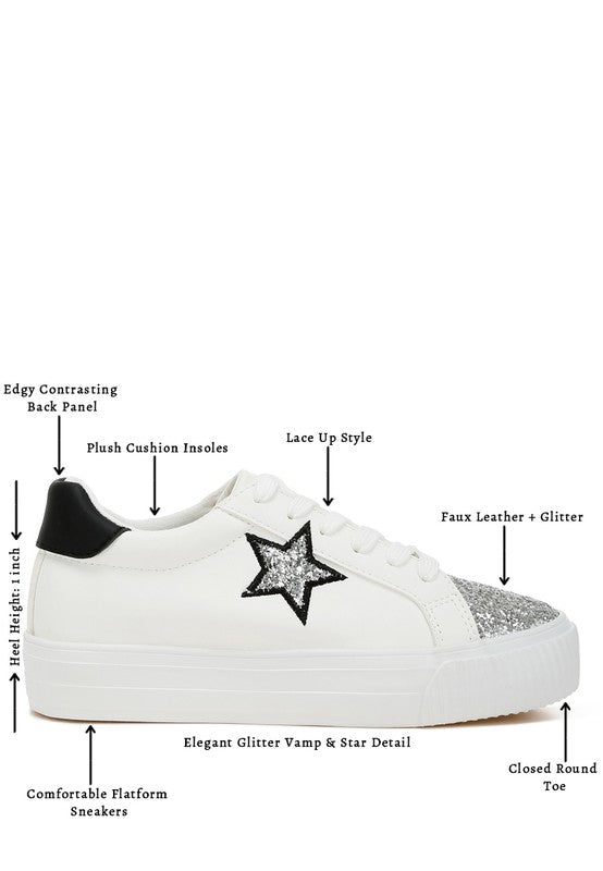 Women's white platform sneakers with glitter star detail and lace-up style