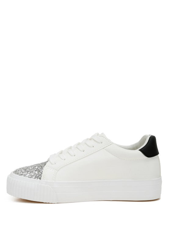 Women's white sneakers with silver glitter accents for casual wear