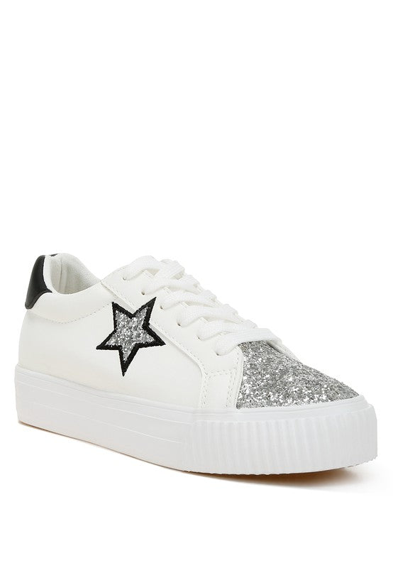 Women's white sneakers with glitter star accent for casual wear