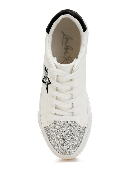 Women's white sneakers with silver glitter toe and black accents