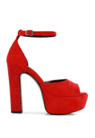 Red studded suede block heel sandals for stylish women's outfits