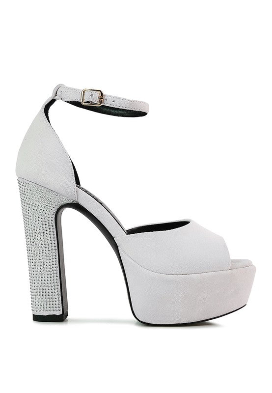 Women's studded suede block heel sandals, stylish gray design
