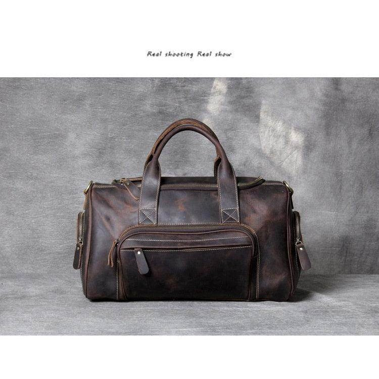 Brown leather duffel bag by VacationGrabs, perfect as a professional business travel bag