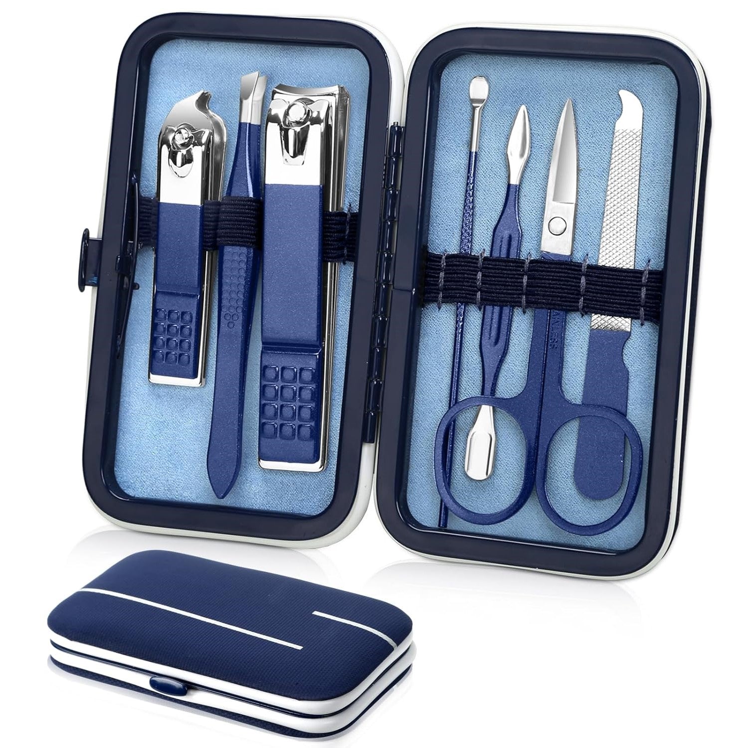 VacationGrabs professional nail grooming set for men with clippers scissors and tools in a compact blue case