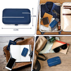 Compact professional nail grooming set for men in blue case shown with travel essentials and suitcase