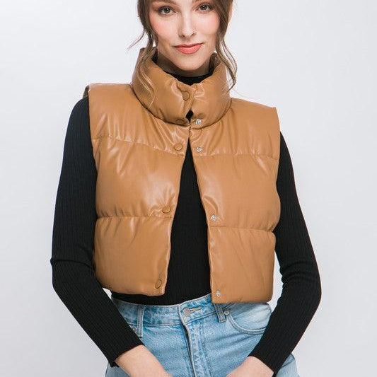  PU Faux Leather Puffer Vest With Snap Button
