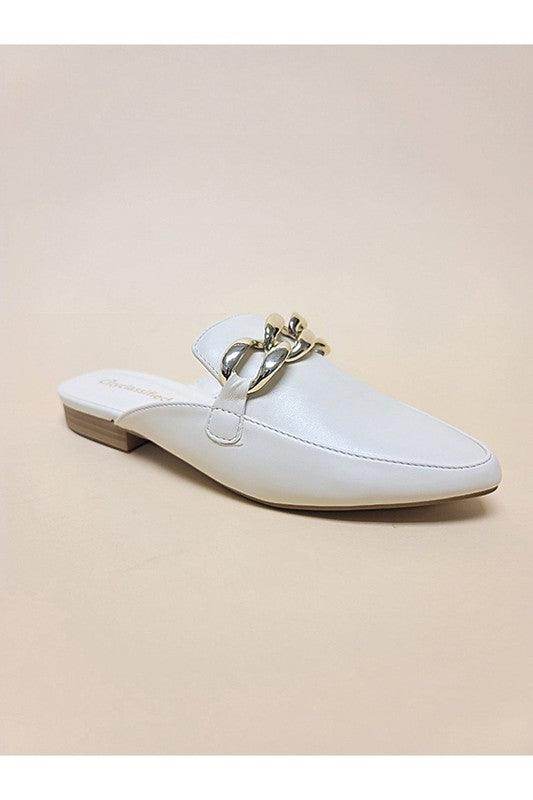 Stylish white pu leather mules for women with a chic chain detail for comfortable casual wear