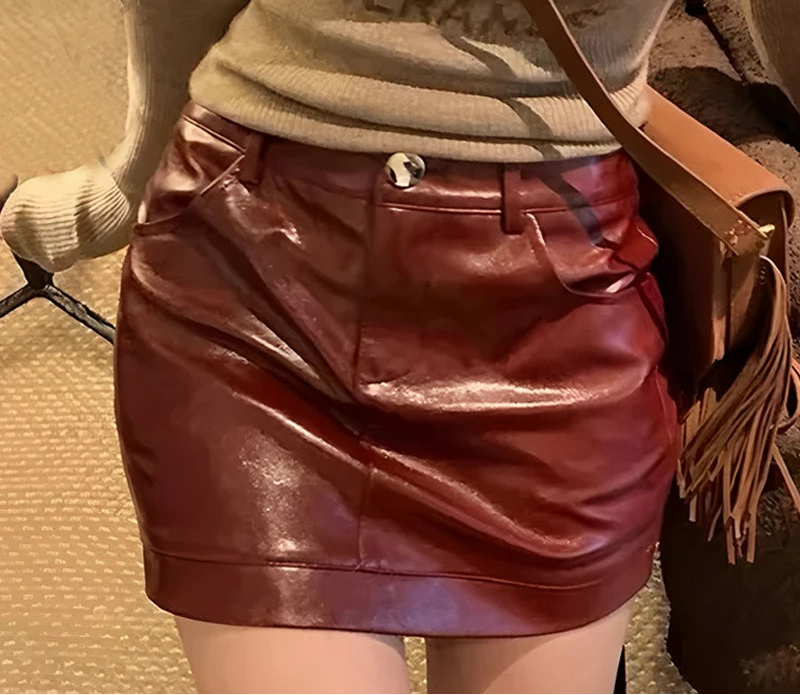 Women's burgundy leather skirt mini for stylish casual wear