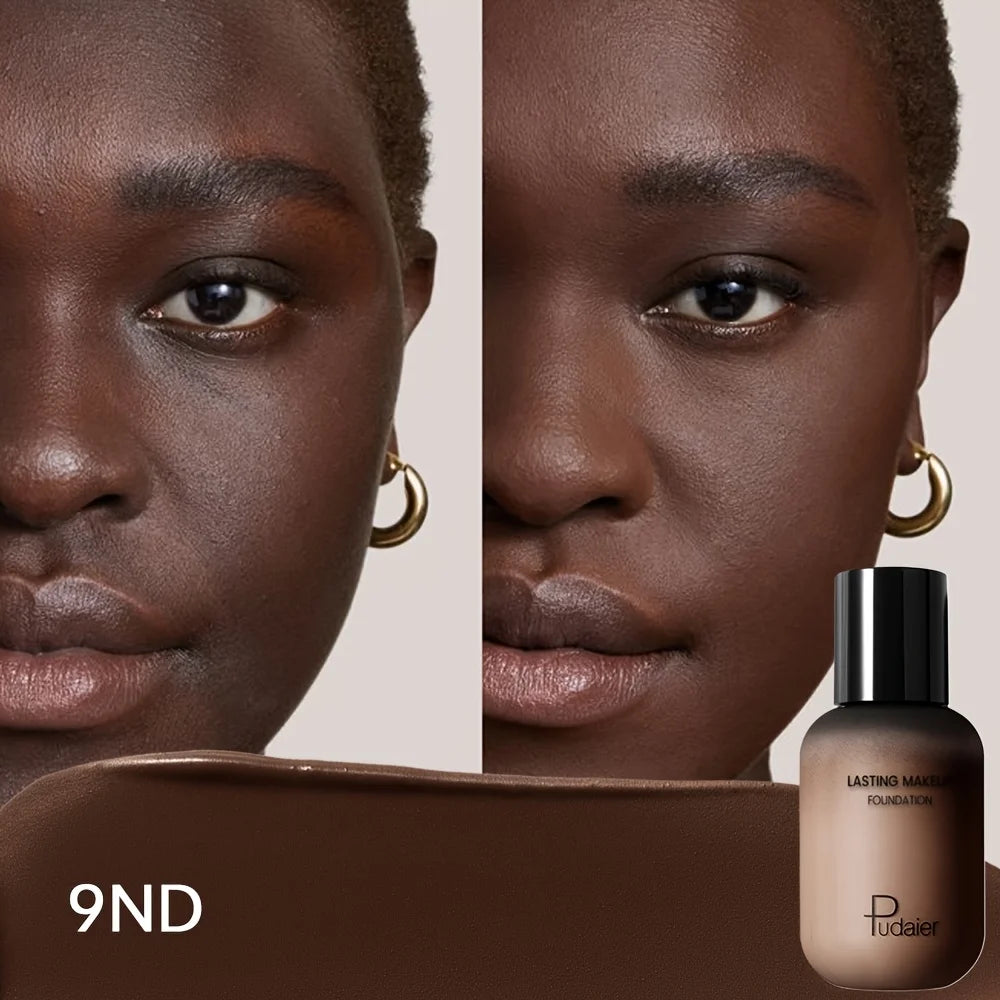 Foundation for full coverage, liquid formula, deep brown shade for flawless skin