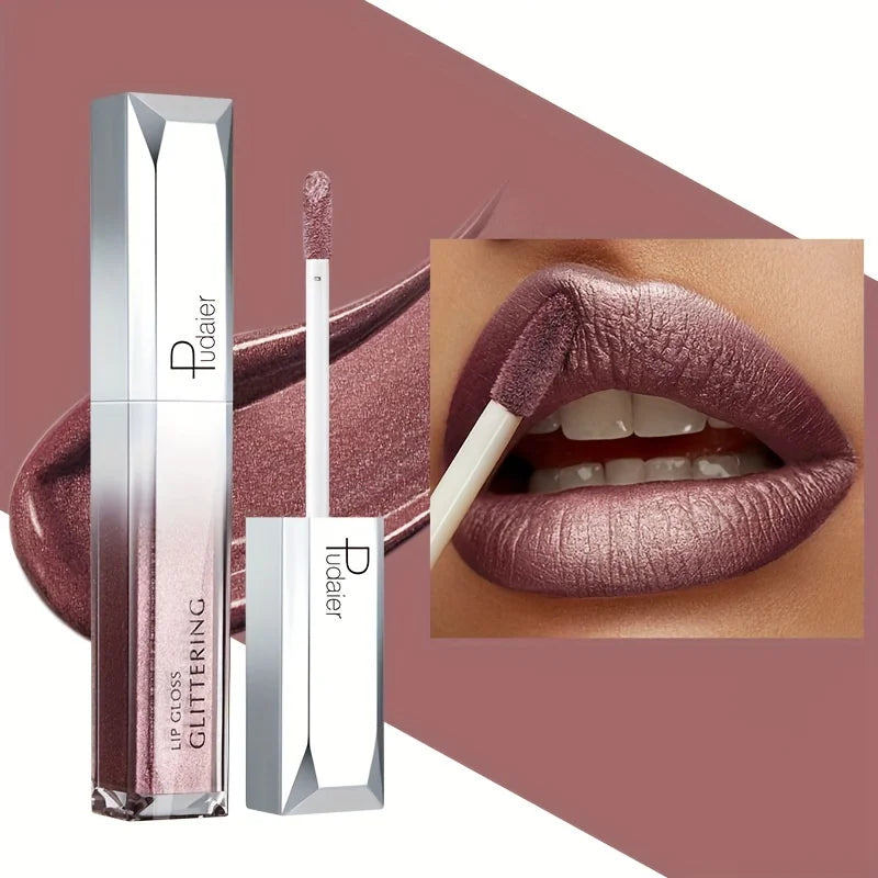 Pudaier lip gloss glitter lips, shimmering mauve shade for a dazzling look