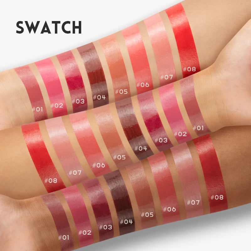 Lip gloss swatch samples showcasing various shades on skin