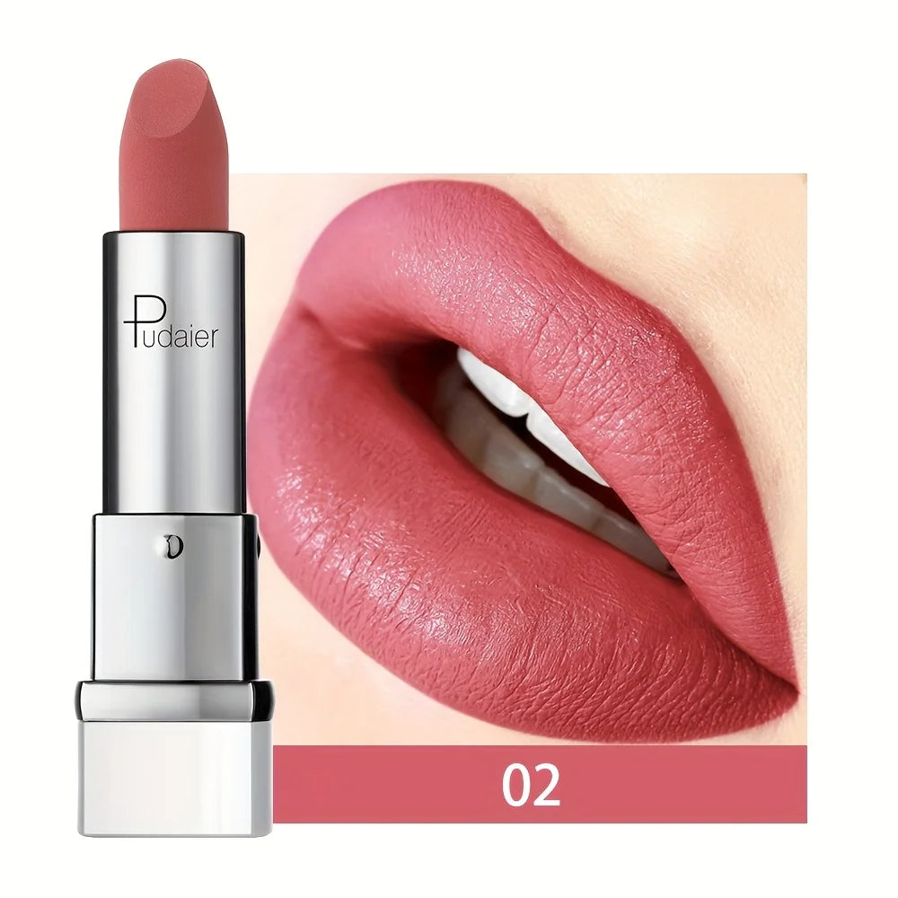 Pudaier matte lip tint on lips, soft rose color for a natural look