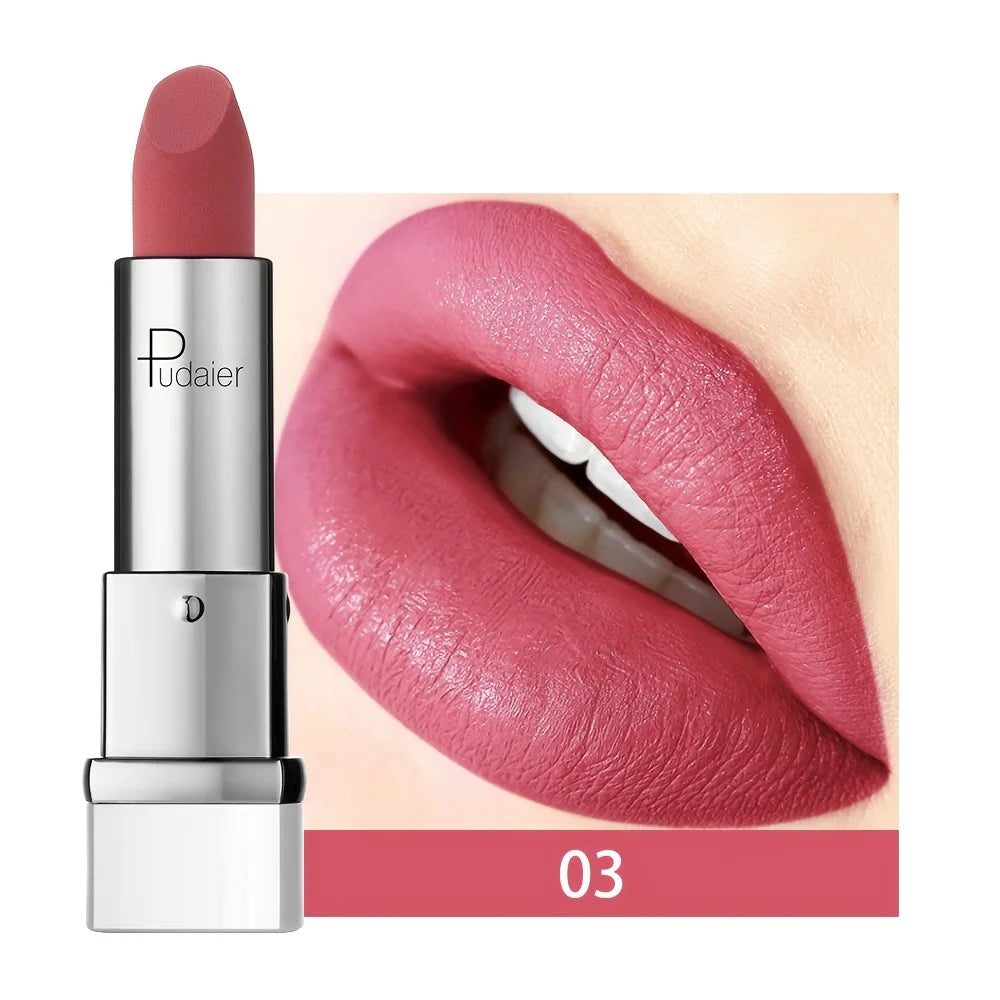 Pudaier matte lip tint on lips in soft pink shade for a flawless finish