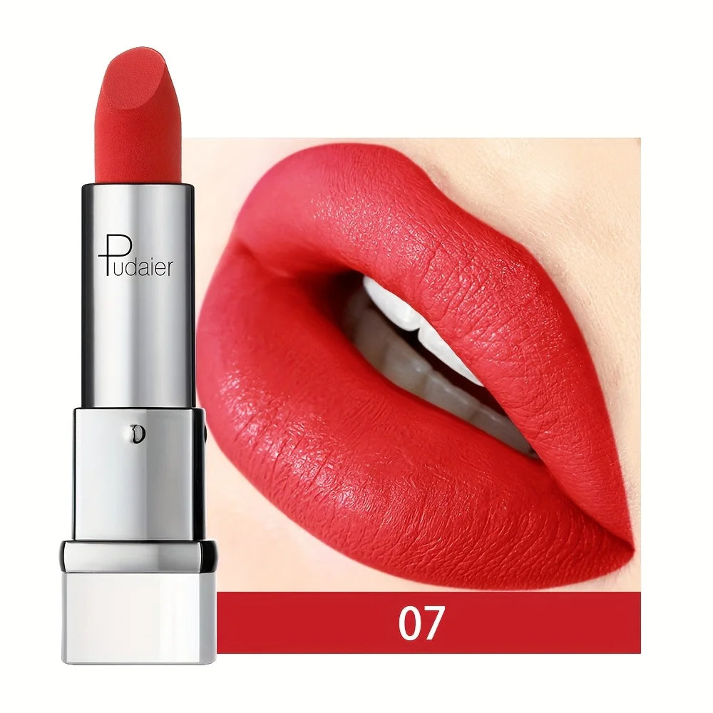 Pudaier red lipstick on lips, creamy formula for vibrant color