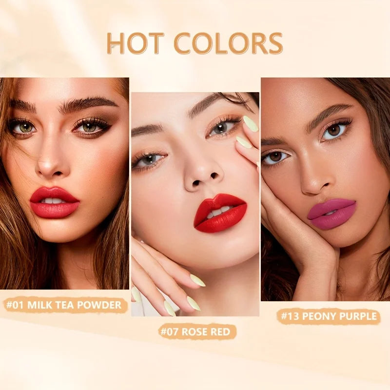 VacationGrabs lip tint on lips in Milk Tea Powder, Rose Red, and Peony Purple shades