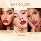 VacationGrabs lip tint on lips in Milk Tea Powder, Rose Red, and Peony Purple shades