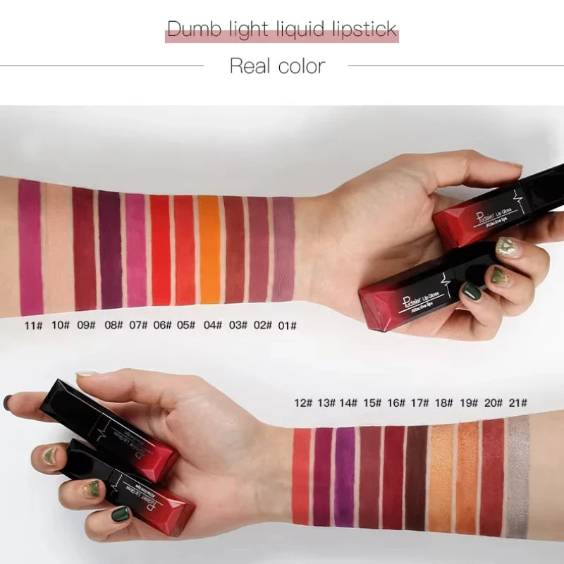 Dumb light liquid lipstick swatches on arms showing various shades for lip tint on lips