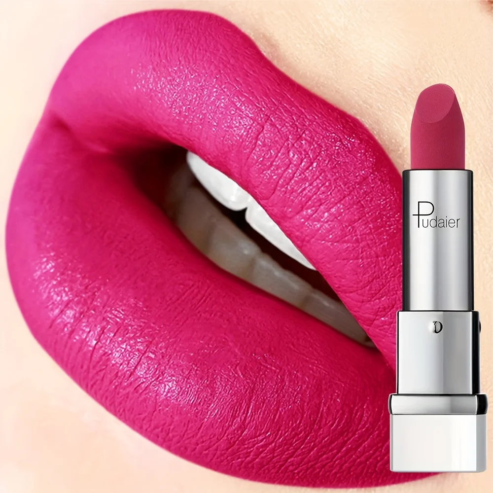 Pudai lip tint on lips, vibrant pink color, long-lasting formula