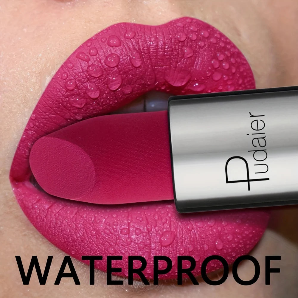 Pudaier waterproof lip tint on lips, vibrant pink color for long-lasting wear