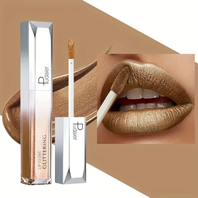 Pudaier glitter lip gloss, metallic golden shade, long-lasting shine