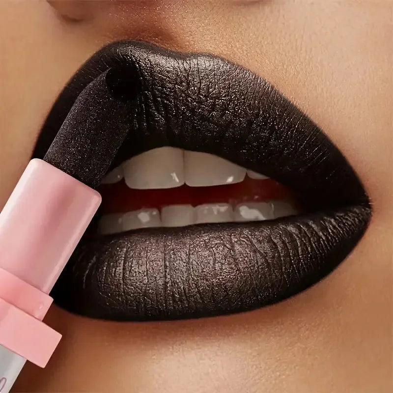 Black pearlescent lipstick for bold, glamorous lips
