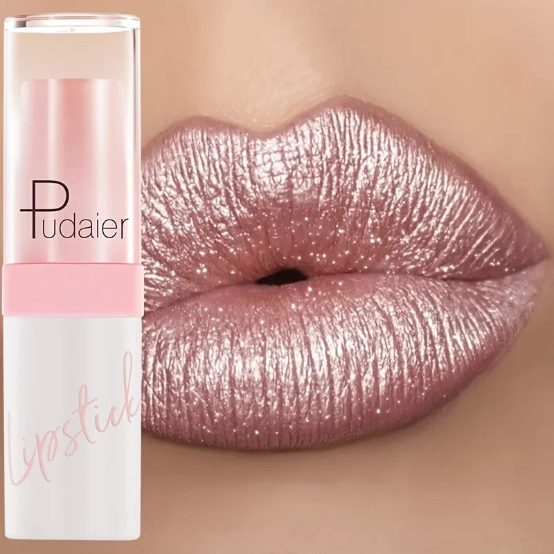 Pearlescent lipstick in soft pink shade for a glamorous look