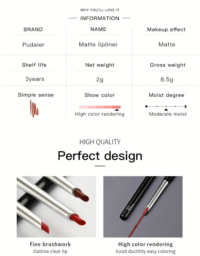 Pudraier lipstick pencil waterproof in matte red, ideal for long-lasting lip color