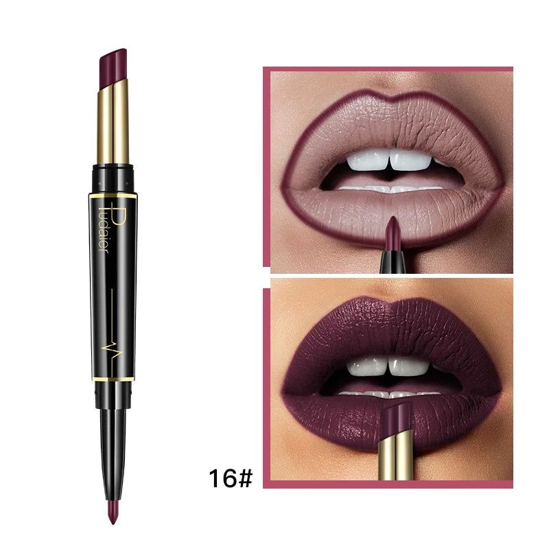 Lipstick pencil with lip liner for defined lips in deep plum color